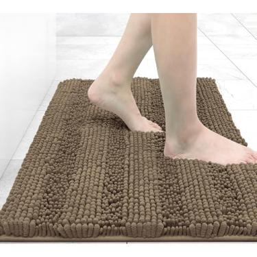 Imagem de Grandaily Tapetes de banheiro listrados de chenille 76 x 50 cm, tapetes de banho extra grossos e absorventes, tapete de chuveiro felpudo macio antiderrapante, lavar a seco na máquina, tapete de