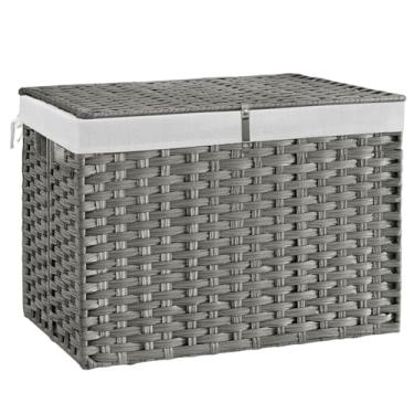 Imagem de Cesta de armazenamento de vime de 240 l com tampa, cesta grande de vime tecida à mão com forro removível, cesta de vime de 160 litros para cobertor, porta-malas com alça para armário, quarto, sala de