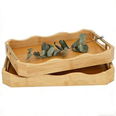 Imagem de Conjunto de bandejas decorativas de bambu com alças de metal dourado, 2 bandejas de mesa de centro otomanas, 35 x 23 cm e 39 x 28 cm (cor bambu)