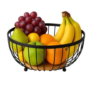 Imagem de Fruteira de Mesa Aramada Em Ferro Com Base De Bambu Cesta Organizadora De Frutas Decorativa Para Cozinha e Sala 25cm