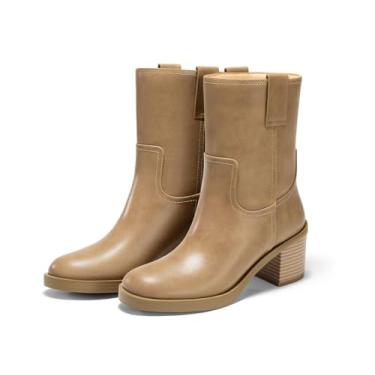 Imagem de Coutgo Botas femininas plataforma cano médio salto bloco grosso bico redondo sapatos outono inverno, Caqui, 39