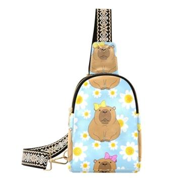 Imagem de CEBUGI Bolsa feminina com desenho animado capivaras, bolsa tiracolo de couro, bolsa de peito para caminhadas, viagens ao ar livre