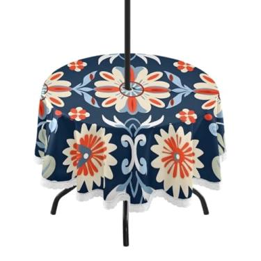 Imagem de CEBUGI Toalha de mesa redonda para uso ao ar livre, estampa floral, impermeável, com furo Umberlla, capa de mesa lavável para pátio, cozinha, sala de jantar, 152 cm