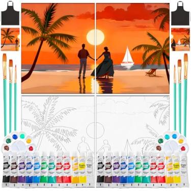 Imagem de Pacote com 2 kits de sorvete e pintura para adultos, kit de pintura para casais à noite, tela pré-desenhada 8 × 10 para pintar para adultos, materiais de pintura para festas noturnas (pôr do sol