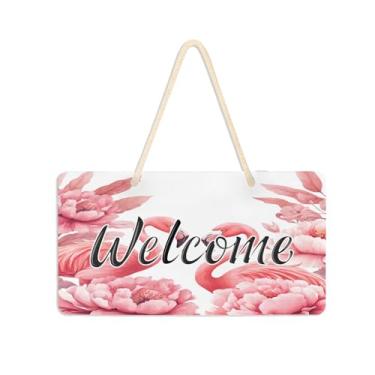 Imagem de Burbuja Placa de boas-vindas flamingos peônias para porta da frente, placa de boas-vindas de PVC para pendurar na parede varanda casa de fazenda, decoração de feriados, 15 x 28 cm