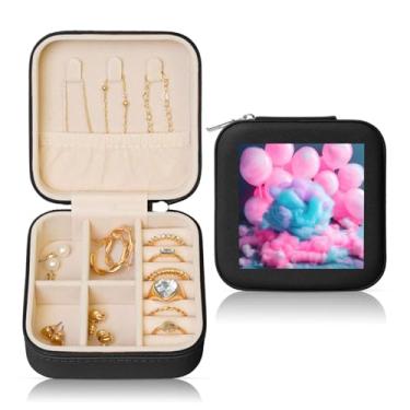 Imagem de Caixa de joias quadrada com estampa de algodão doce rosa estojo de armazenamento portátil para anéis femininos, brincos, colares