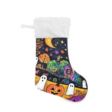 Imagem de xigua Cena colorida de Halloween, meia de Natal, grande, doces, presente pendurado, meias de Natal, decoração para decoração de festa de férias em família, lareira