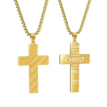 Imagem de AMAZINGSUN Colar de cruz com bandeira americana para homens, corrente de pingente de aço inoxidável com versículo da Bíblia, corrente de pingente de batismo, primeira comunhão, presentes, Large, Aço