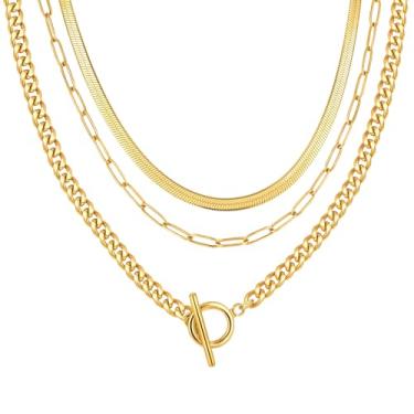 Imagem de MPRAINBOW Colares de ouro em camadas para mulheres - correntes de colar banhadas a ouro 18K, colar de corrente de elos cubanos empilháveis, joias hipoalergênicas e modernas, presente de formatura de
