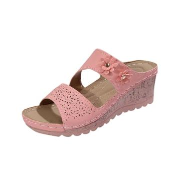 Imagem de Chinelos femininos de sola grossa, uma linha, design de flor, sandálias de praia com salto anabela, casual, verão, rosa, 35