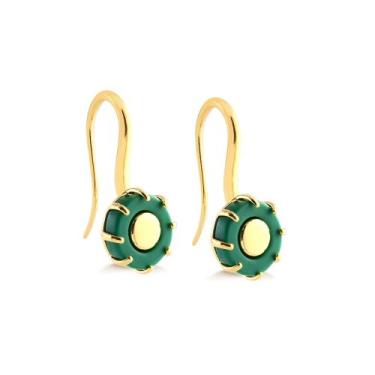 Imagem de Brinco Gancho Acrílico Verde Meio Liso Folheado A Ouro - Radhau Joias,