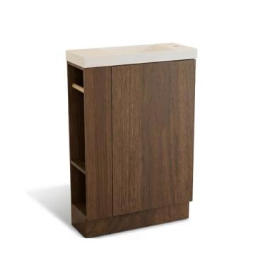 Imagem de JINDOLI Vaidade de banheiro pequena de 50 cm com pia de profundidade estreita, armário de madeira, porta de fechamento suave, prateleiras ajustáveis, decoração de parede moderna, nogueira