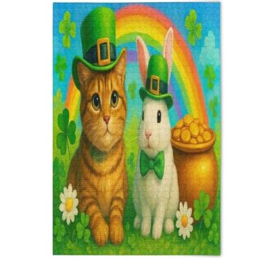 Imagem de Cute Cat Bunny St. Patrick's Day Jigsaw Puzzles 1000 Piece for Adults, Lovers Gifts Family Puzzle Prime Art Jigsaw Cute Animal Floral Art, 1000 Pieces, 29.5" x 19.7"