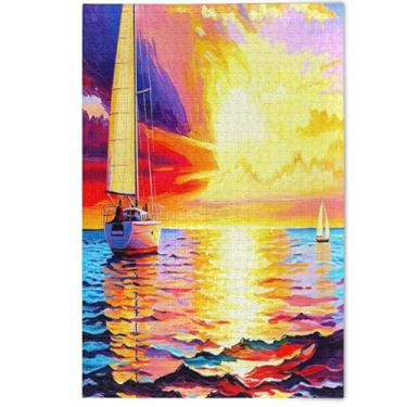 Imagem de Quebra-cabeça de veleiro brilhante pôr do sol do mar 500 peças decoração de pintura animal adulto paisagem cena quebra-cabeças família amantes presentes, 500 peças, 52 cm x 37,8 cm