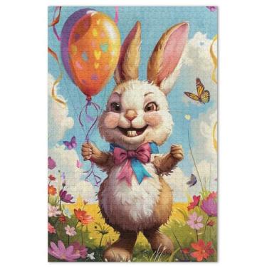 Imagem de Quebra-cabeça adulto colorido coelho da Páscoa sorrindo, 500 peças, brinquedo, jogo, arte, natureza, quebra-cabeça, elefante, branco