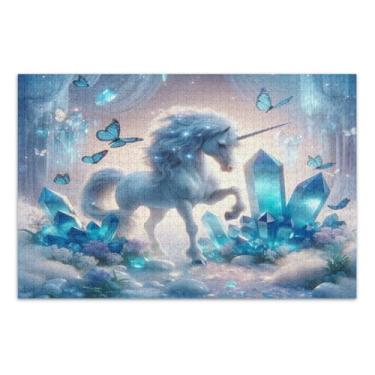 Imagem de Unicórnio com cristais azuis 500 quebra-cabeças para adultos, quebra-cabeças difíceis para adultos com letras nas costas