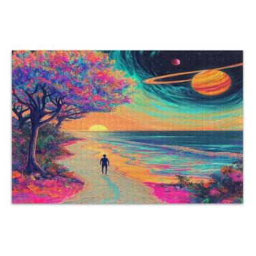 Imagem de Quebra-cabeça colorido paisagem cósmica 1000 peças para adultos, quebra-cabeça familiar com letras na parte de trás