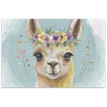 Imagem de Linda lhama com coroa de flores, 1000 peças para adultos, família, quebra-cabeça, amantes, presentes, cena, outono, animal, floral