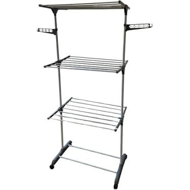 Imagem de Varal de Chão Multi Andares com Cabideiro, 3 Níveis com Bandejas, Cinza, Resistente e Prático para Secagem de Roupas