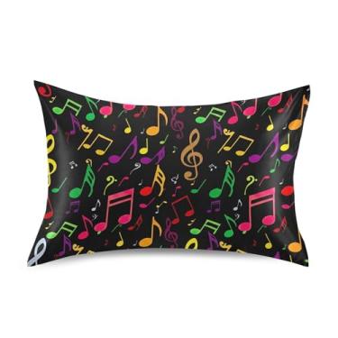 Imagem de Almofadas coloridas com símbolos de notas musicais pretas de cetim engraçado refrescante King Queen Travesseiros padrão Slips Capa de almofada animal para pele de acne Tamanho padrão 66 cm x 50 cm