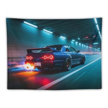 Imagem de HouLaiZhe JDM Tapeçaria de carro R32 Arrotando chamas Jdm carro pendurar na parede quarto decoração de casa tapeçarias estética piquenique decoração de parede arte de parede para dormitório sala de