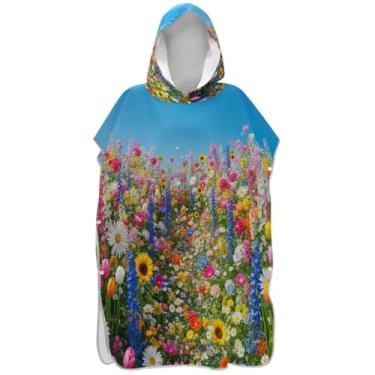 Imagem de Joisal Roupão de mudança de poncho de surfe de jardim com flores coloridas vibrantes para adultos toalhas de banho com capuz reutilizáveis ponchos de praia para homens