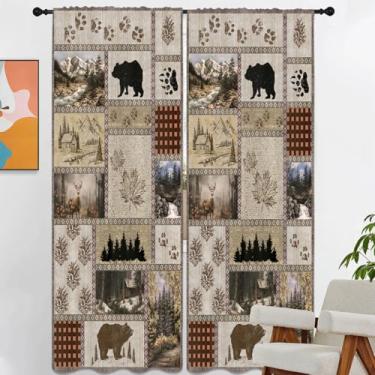 Imagem de Kikiry Cortina rústica 132 cm L x 213 cm C longa ampla casa de fazenda campo cabana primitiva floresta urso vida selvagem veado retro ocidental bolso para varão sala de estar quarto cortinas de janela