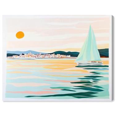 Imagem de Art Remedy Tela de ilustração costeira, 76 cm x 61 cm, envolvida em galeria, veleiro ao pôr do sol