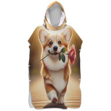 Imagem de Joisal Poncho de surfe para trocador adulto com capuz toalha de praia estampado plus size homens mulheres poncho com capuz fofo cachorro corgi