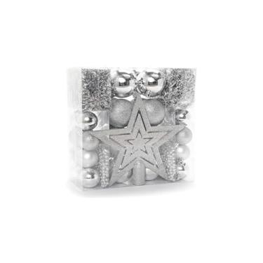 Imagem de Kit Enfeites de Natal com 44 Peças, Bolas, Estrela, Cordão de Pérolas, Festão, Prata, PVC, Decoração Natalina