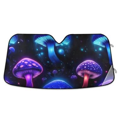 Imagem de Para-sol luminoso personalizado azul cogumelos pretos para para-brisa bonito retrátil dobrável pára-brisa automotivo pára-brisa animal floral M, 139,7 cm x 70,1 cm
