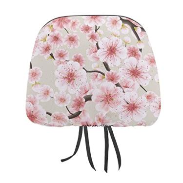 Imagem de Sem costura japonês rosa branco flores de cerejeira 2 peças capas de proteção universal para assento de carro, capa macia para encosto de cabeça de carro, acessórios de decoração para a maioria dos