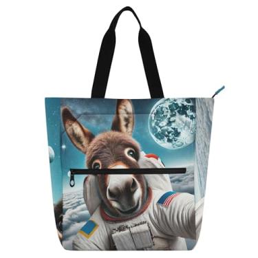 Imagem de Bolsa feminina donkey astronauta fofa para trabalho, lona, escola, bolsa para professores, presente para amantes de livros