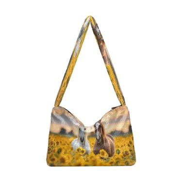 Imagem de Bolsa de ombro verde Monstera tropical com folhas de palmeira, bolsas de ombro, bolsas de mão para livros para mulheres, Cavalo em pé em um campo de girassóis - 1, One Size