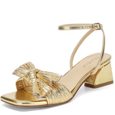 Imagem de TEAIEUI Sandálias femininas de salto com laço e bico quadrado aberto para noivas, salto grosso, salto baixo, tira no tornozelo, sapatos sociais para festas, Dourado, 40