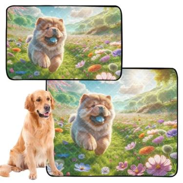 Imagem de Almofadas de xixi para cães de estimação, lavável, reutilizável, almofada de primavera, floral, chow chow, cachorro, treino, à prova de vazamento, fofo, impermeável, antiderrapante, médio + grande