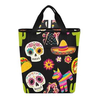 Imagem de Joitme Bolsa térmica colorida caveira mexicana preta bolsa térmica 36 latas sacola de compras para mantimentos