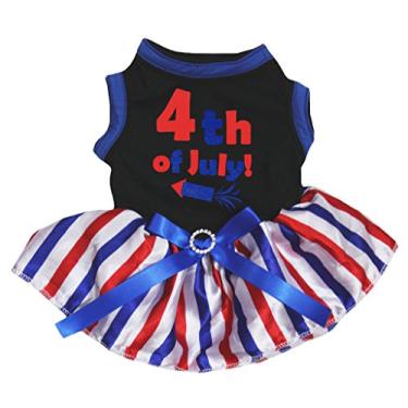 Imagem de Petitebella Vestido de algodão com estampa de foguete de 4 de julho para cães (pequeno, preto/listras RWB)