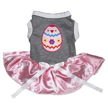 Imagem de Petitebella Vestido para cachorro de cachorro com ovo de Páscoa rosa (bolinhas de coelho cinza/rosa, 2GG)