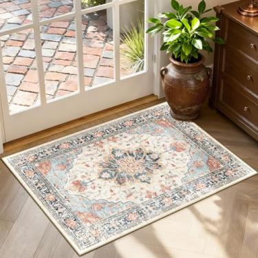 Imagem de RELEANY Tapetes de área adequados para aspirador de pó de 6 x 7 cm laváveis na máquina, antiderrapantes, estampa floral vintage para sala de estar, quarto, tijolo, azul marinho, laranja, colorido