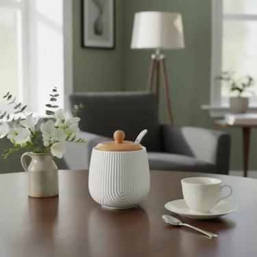 Imagem de Açucareiro Oásis Branca em Cerâmica com Colher e Tampa em Bambu 360ML