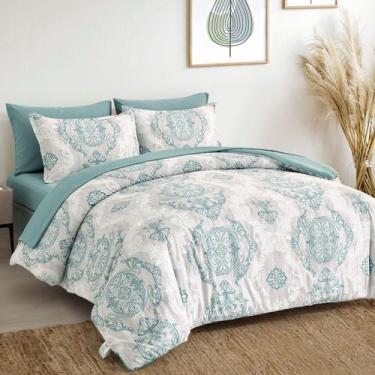 Imagem de Conjunto de edredom WONGS BEDDING Aqua Queen Size 7 peças de microfibr