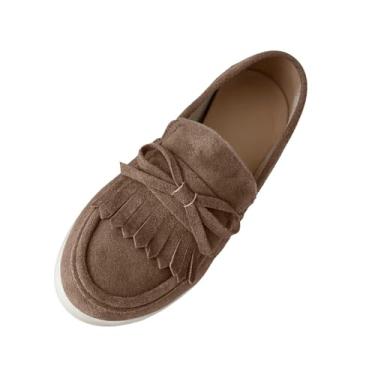 Imagem de Sapatilhas casuais femininas com bico redondo e detalhe de laço, mocassins sem cadarço com sola plana para conforto., Marrom, 34