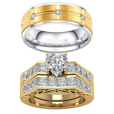 Imagem de 2 anéis para casal, conjuntos de alianças de casamento femininas com coração preenchido em ouro amarelo, conjunto de alianças de casamento masculinas de aço de titânio, women size8 & men size10, Metal