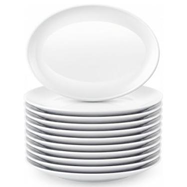 Imagem de Pratos de jantar de melamina, pacote com 12 bandejas ovais de melamina, bandeja oval de plástico, pratos de servir comida para festa de casamento, restaurante, bife, aperitivo, bolo (30,5 x 22,4 x 2,5