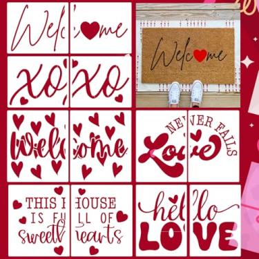Imagem de Estênceis de Dia dos Namorados para tapetes de porta reutilizáveis com coração de amor, modelos de desenho XOXO para capachos, tecidos de madeira