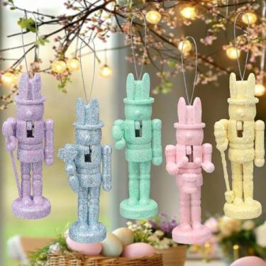 Imagem de Bucherry 5 peças Quebra-nozes de Páscoa, 12 cm, de madeira, quebra-nozes de Páscoa, decorações, placa de mesa de coelho pastel para primavera, casa, mesa, lareira e presentes colecionáveis