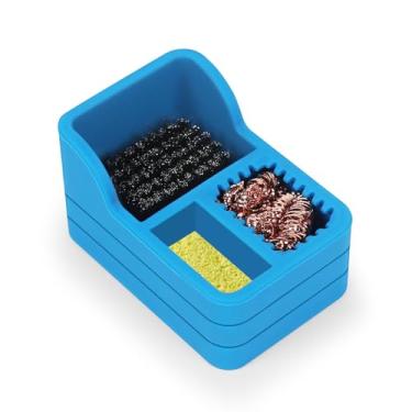 Imagem de Kit de limpeza de ponta de ferro de solda com lã de latão, esponja, escova de aço em suporte de silicone azul – Ferramenta de limpeza resistente ao calor e arranhões para solda, reparo eletrônico