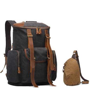 Imagem de Mochila Vintage De Lona Encerada, Com Detalhes Em Couro, à Prova D'áGua, Com Bolsa Frontal, Ideal Para O Dia A Dia, Viagens E Aventuras Ao Ar Livre