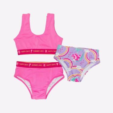Imagem de Biquíni Liso+Calcinha Estampada Menina Proteção Uv Infantil - Fofotinh